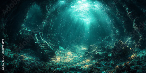 Ethereal Lighting in a Deep Ocean Trench with Glowing Marine Life