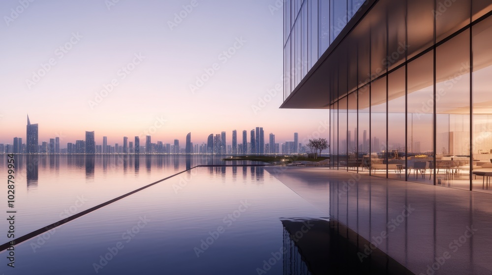 Obraz premium A breathtaking view of a contemporary city with glass facades mirroring the warm glow of the sunset, creating a dreamlike and visually captivating urban landscape.