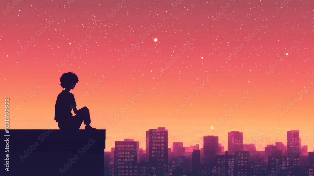 Silhouette of a person sitting on a rooftop overlooking a city at night. Silhouette of a person sitting on a rooftop overlooking a city at night.
