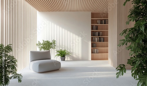 Modern living room design with plants and wooden accents in bright natural light