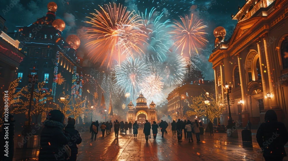Obraz premium Celebration of the New Year 2025 with a festival banner featuring fireworks and a happy atmosphere, perfect for a night of joy and holiday festivities as we welcome the new year eve.
