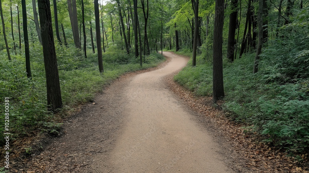 Naklejka premium A winding dirt path through a dense green forest with tall trees and lush foliage on a sunny day