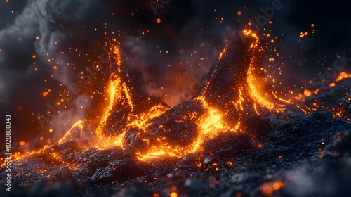 A volcanic eruption with flowing lava and molten rock under a night sky, featuring dramatic lighting and intense heat in a photorealistic landscape.