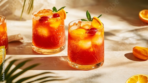 A vibrant rum punch with a blend of tropical juices, placed on a muted beige background with delicate gold accents photo