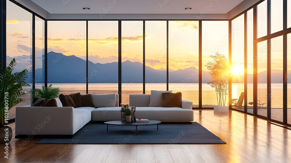 Fototapeta premium Spacious Modern Living Area with Floor-to-Ceiling Windows.