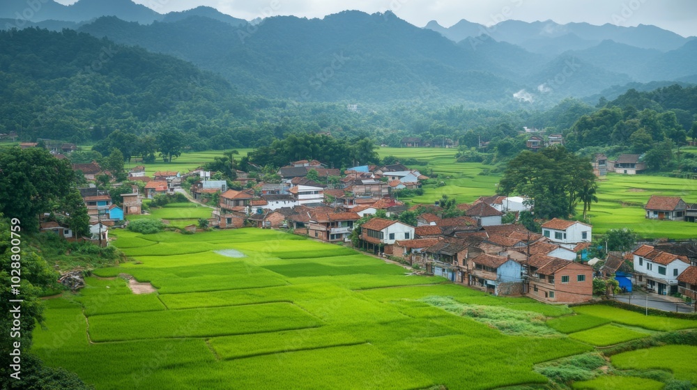 A Rural Village Nestled in a Valley with Green Rice Paddies