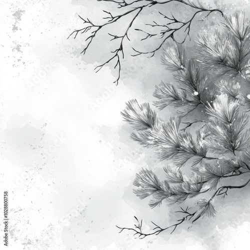 Snow covered branches create a serene winter atmosphere against a soft white ...