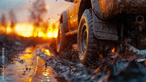 Closeup of car tire wheel passing through dirty mud on a road. Automobile truck transport or off road rally race competition, extreme adventure travel. photo