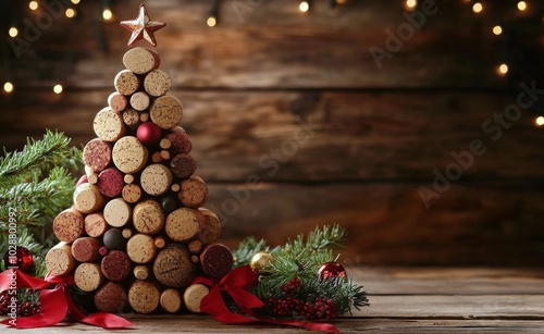 Creative Christmas tree made of wine corks arranged on a wooden background wi...