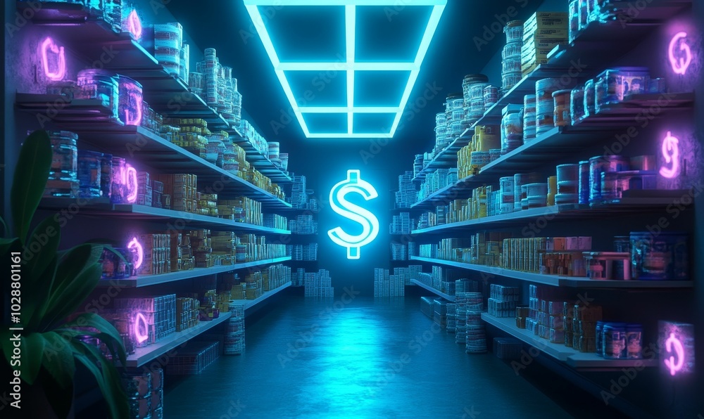 Neon-lit aisle of shelves stocked with cans. Neon-lit aisle of shelves stocked with cans.