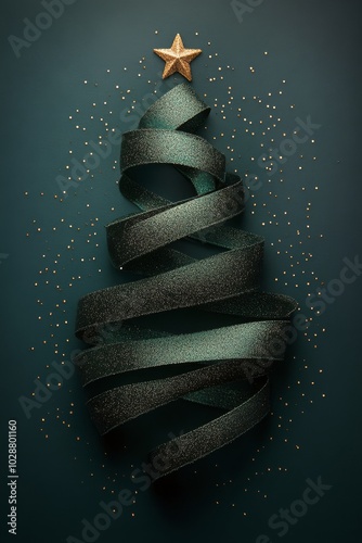 Decorative green ribbon spirals into a Christmas tree shape adorned with gold...