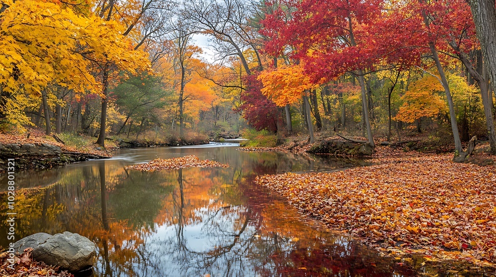 A serene autumn afternoon by the river showcasing vibrant trees and fallen leaves background A serene autumn afternoon by the river showcasing vibrant trees and fallen leaves background
