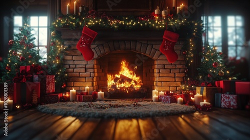 Cozy Christmas fireplace adorned with stockings, decorations, and glowing can...