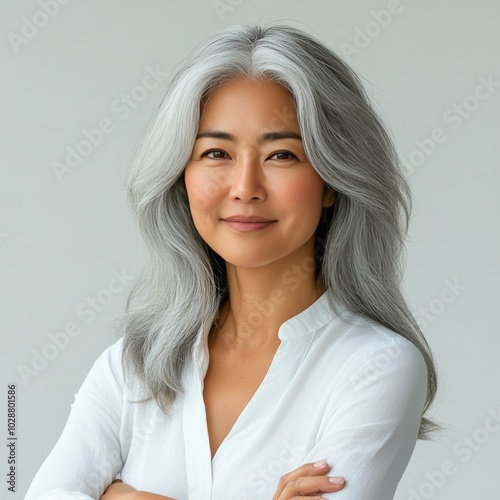 Elegant woman with silver hair poses confidently in modern studio setting during daylight