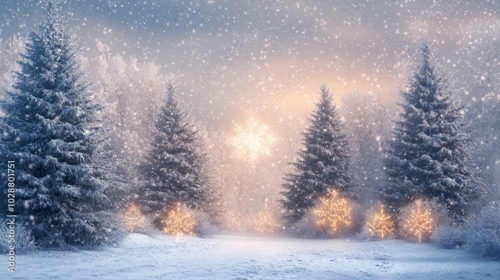 shiny stars in the forest.snow covered christmas trees shiny stars in the forest.snow covered christmas trees