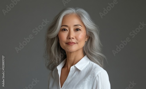 Elegant senior woman with silver hair poses confidently against a neutral bac...
