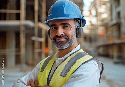 Construction worker smiling at a building site during daylight