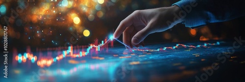 A hand reaches towards a glowing upward trend on a digital display at night