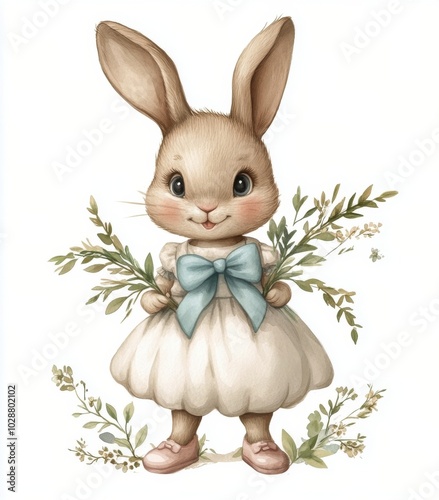 Cute bunny wearing a dress and holding flowers in a whimsical garden setting