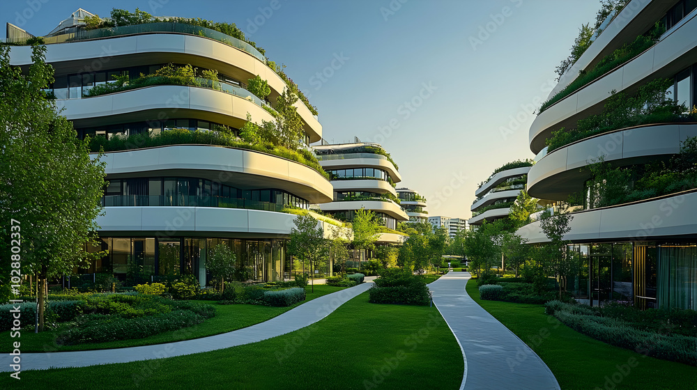 Modern residential buildings with green terraces and landscaped gardens. Modern residential buildings with green terraces and landscaped gardens.