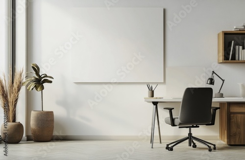 Modern office space featuring a minimalist design with a blank canvas on the ...