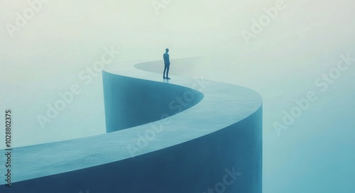 A solitary figure stands on a winding pathway amidst a foggy landscape at dawn