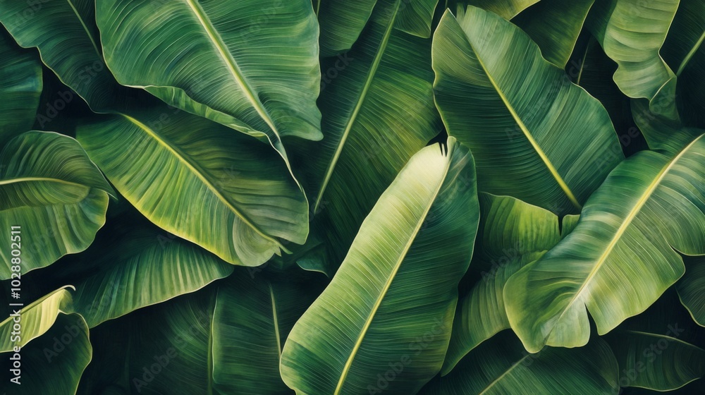 Obraz premium Lush Green Tropical Banana Leaves in a Dense Cluster