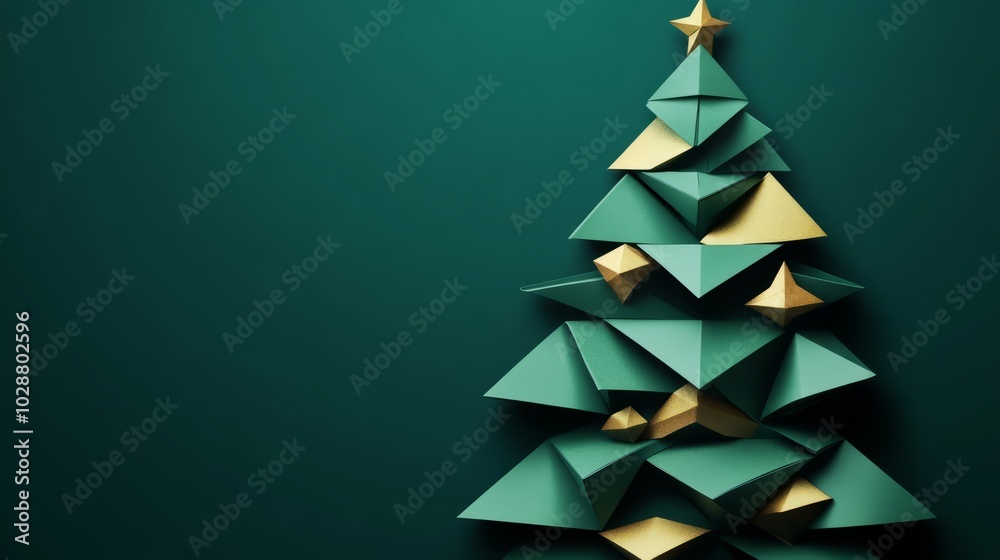 Abstract Christmas tree made from folded triangles of green and gold paper, minimalist and modern style Abstract Christmas tree made from folded triangles of green and gold paper, minimalist and modern style