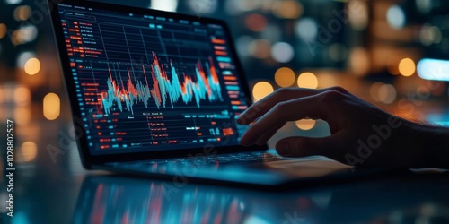 An individual analyzes stock market trends on a laptop in a city setting at n...