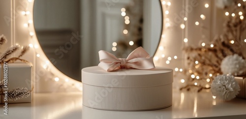 Elegant gift box on a table surrounded by festive decorations and soft lighti...