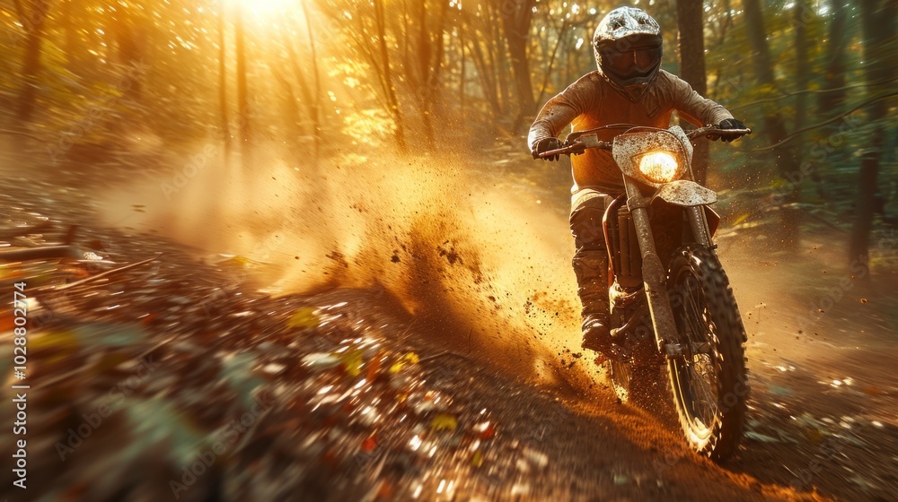 Motocross race in the forest, an offroad sport, featuring a man on a bike, in an extreme road competition, with a focus on freedom and motor power.
