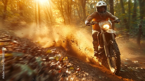 Obraz na płótnie Motocross race in the forest, an offroad sport, featuring a man on a bike, in an extreme road competition, with a focus on freedom and motor power. w salonie