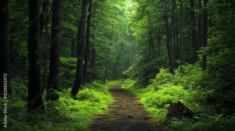 Fototapeta premium A Pathway Through a Lush and Foggy Forest