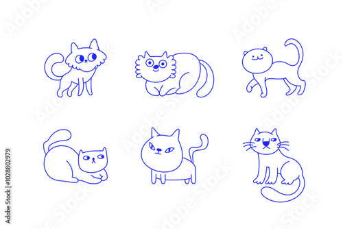 Funny pets, dogs and cats, vector illustration in trendy flat simple linear style, funny mascot and cartoon character, friendly sticker and badge for advertising, social media