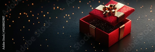 A beautifully wrapped red gift box with a golden bow glowing against a dark b...