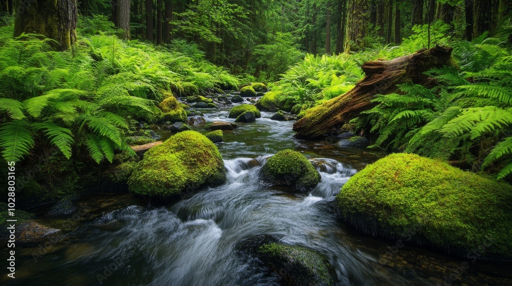 A Moss-Covered Stream Winding Through a Lush Forest A Moss-Covered Stream Winding Through a Lush Forest