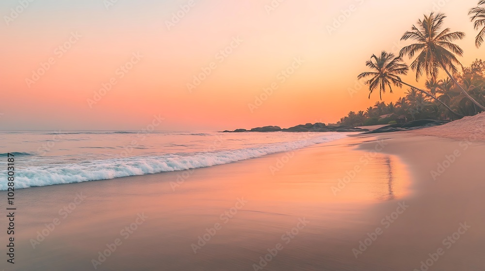 A serene sunrise at a tranquil beach with gentle waves and soft pink hues illuminating the sky background A serene sunrise at a tranquil beach with gentle waves and soft pink hues illuminating the sky background