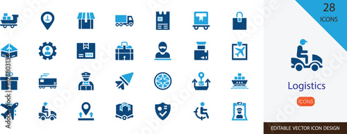 Logistics solid vector icon set . containing Supply, transport, distribution, cargo truck, fragile box,  transport, airplane, shipping and more vector illustration