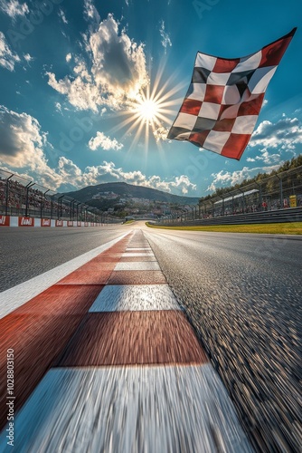 Racing flag waves over the finish line at a motorsport circuit under a bright...
