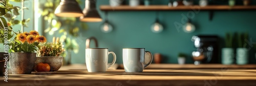 Cozy morning coffee on a wooden table in a sunlit room filled with green plants