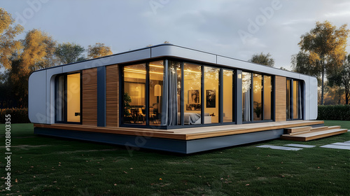 Modern house with large windows and wooden deck in a serene setting.