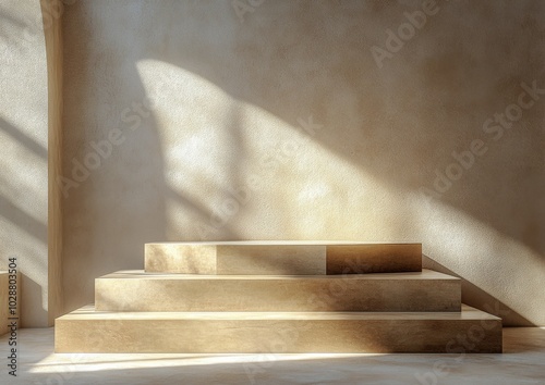 Minimalist wooden display platform with soft shadows in a warm toned setting