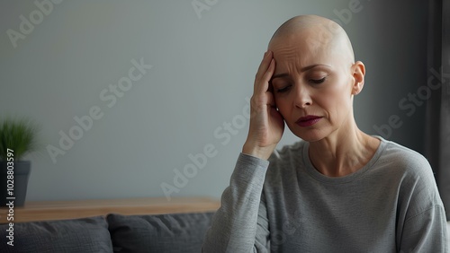 Wallpaper Mural Bald Woman with Headache After Chemotherapy - Cancer Treatment and Healthcare Concept Torontodigital.ca