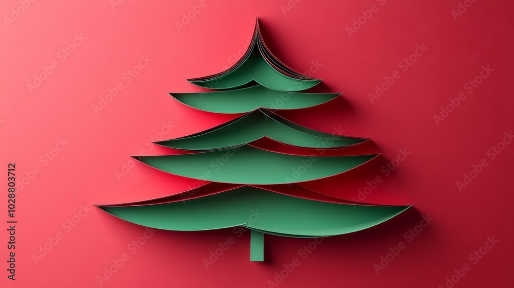 Minimalist paper-cut Christmas tree, made from clean, folded layers of green and red paper Minimalist paper-cut Christmas tree, made from clean, folded layers of green and red paper