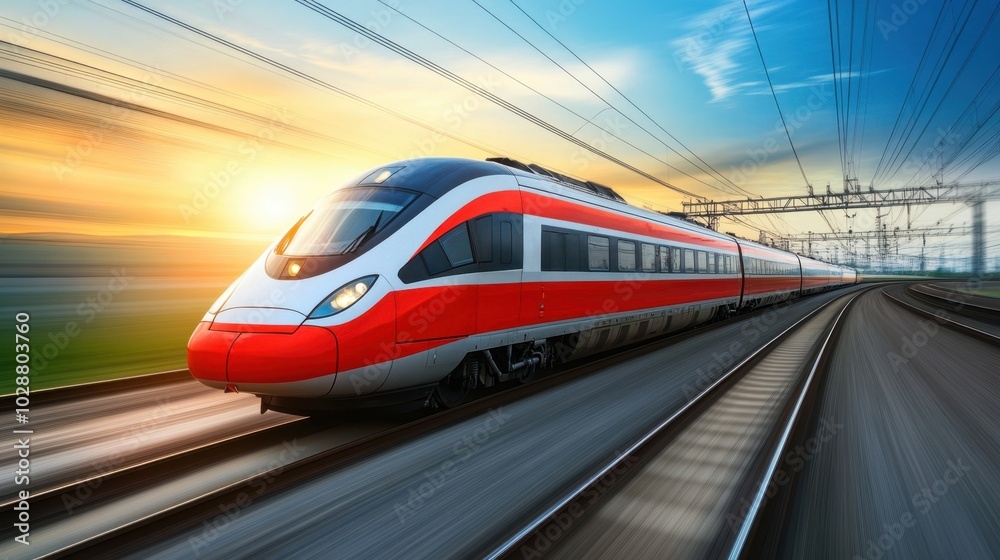 Naklejka premium A dynamic poster background featuring a high-speed train in motion, capturing the essence of rapid transit with a stunning motion blur effect to convey speed and efficiency.