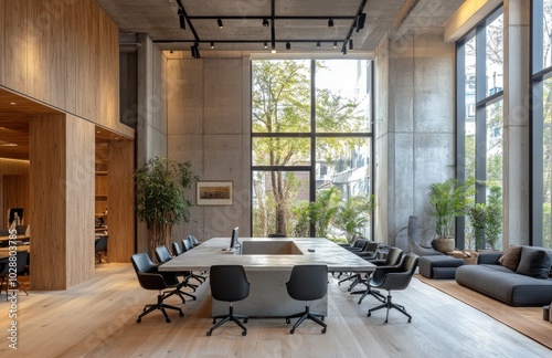 Modern conference room with large table and windows in a minimalist office space