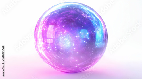 3D Holographic Discount Bubble Concept: Shimmering Translucent Bubble with Product Info and Prices, Symbolizing the Future of Interactive Sales Promotions on Isolated White Background