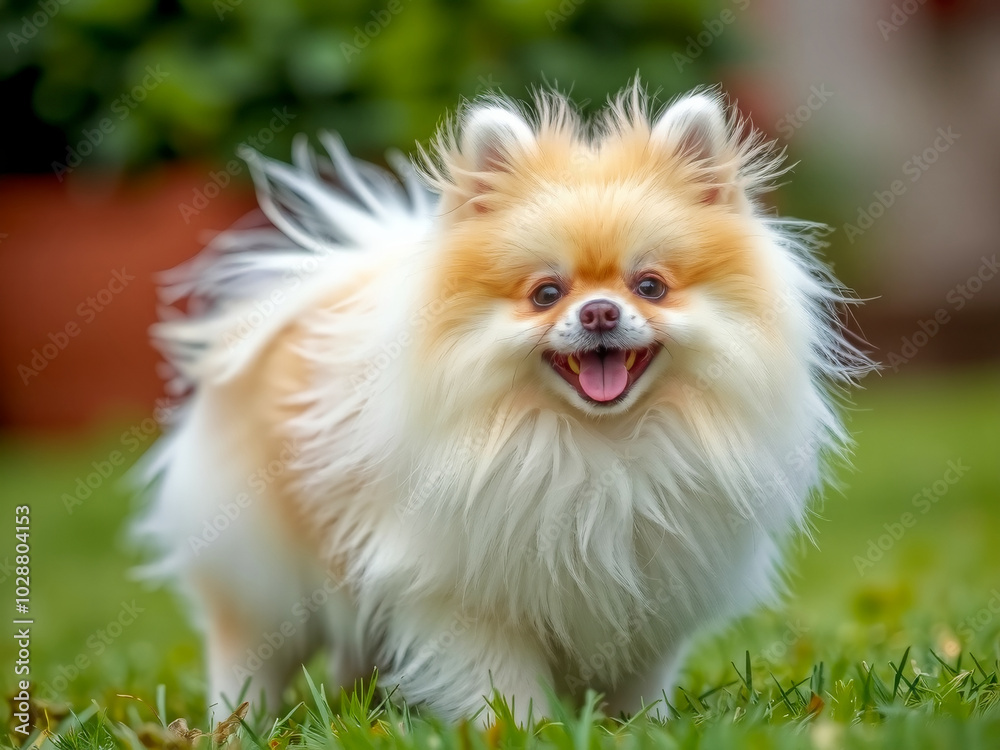 A fluffy white pomeranian dog is standing in a grassy field, looking up at the camera with a big smile on its face A fluffy white pomeranian dog is standing in a grassy field, looking up at the camera with a big smile on its face