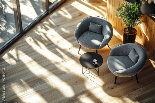 Cozy seating area with modern chairs and coffee table in a sunlit room