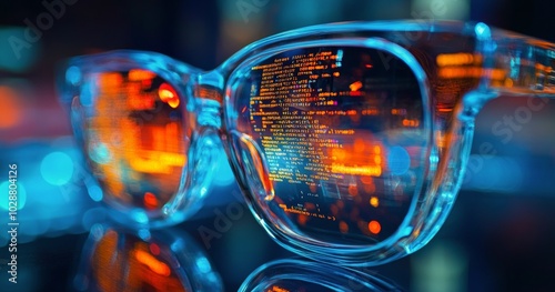 Close up of a person wearing glasses reflecting digital data in a tech inspir...